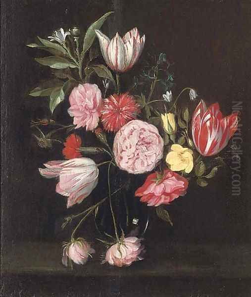 Parrot tulips, roses, carnations and other flowers in glass vase on a stone ledge Oil Painting by Daniel Seghers