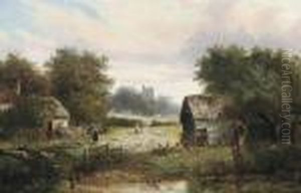 Figures By A Pond With A Church Beyond Oil Painting by Joseph Thors