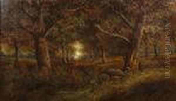 Figures In A Wood Oil Painting by Joseph Thors