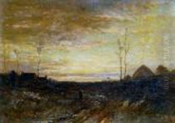 Sunrise, Haystacks And Cottages In The Distance Oil Painting by Joseph Thors