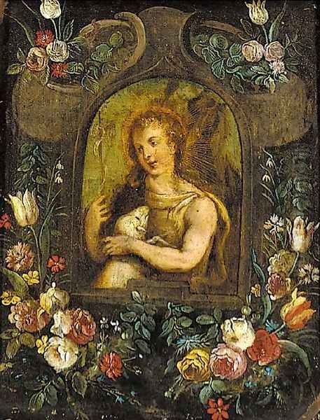 Saint John the Baptist in a niche surrounded by roses, tulips and other flowers Oil Painting by Daniel Seghers