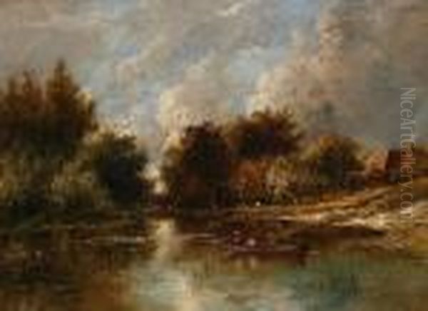 River Landscape With Figures In A Boat Oil Painting by Joseph Thors