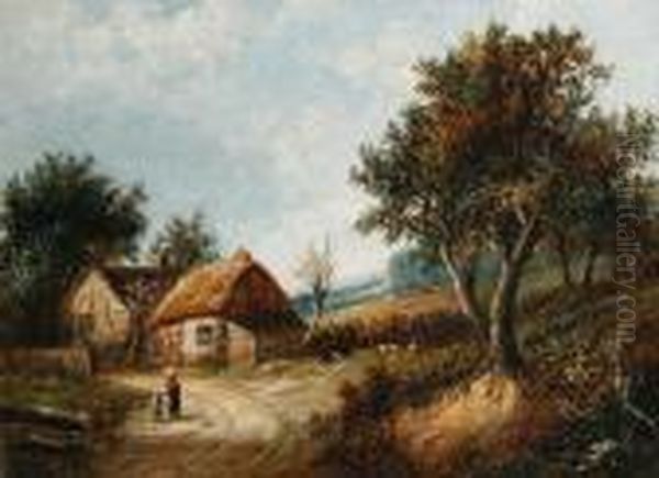 Mother And Child By A Cottage Oil Painting by Joseph Thors