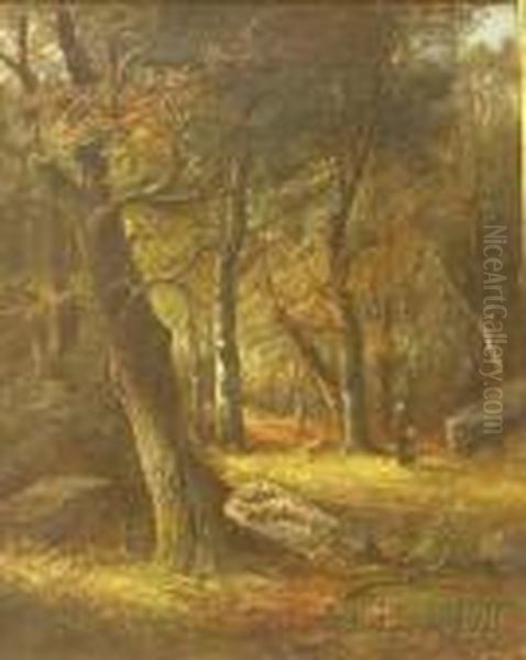 View With Figures In A Forest Oil Painting by Joseph Thors