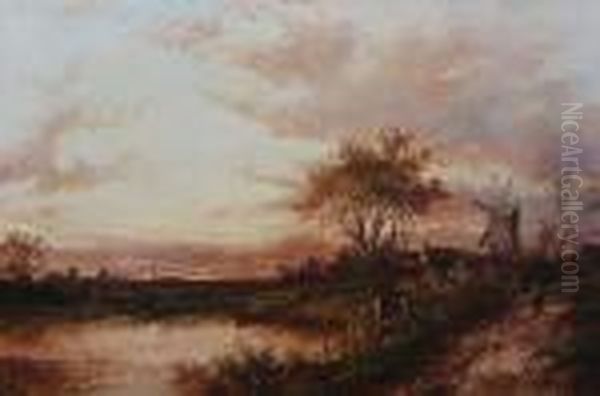 Figures Near A Riverside Windmill At Sunset Oil Painting by Joseph Thors