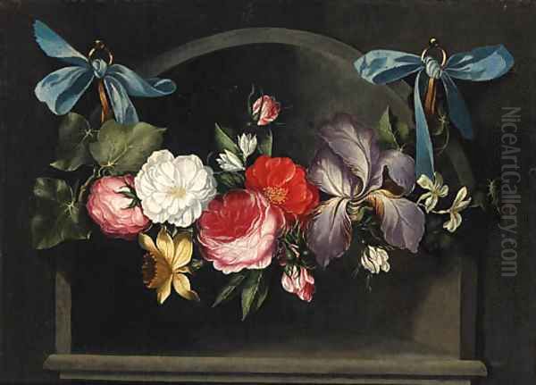 A Garland of Flowers hanging before a Niche Oil Painting by Daniel Seghers