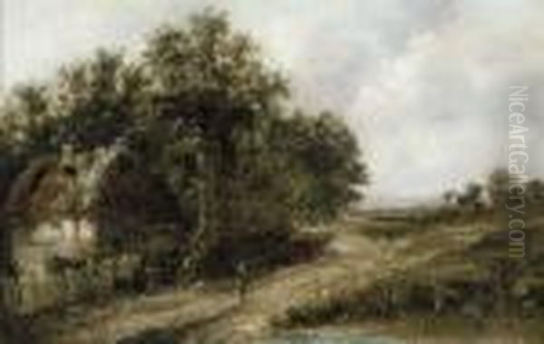 A Figure On A Country Path By A Cottage Oil Painting by Joseph Thors