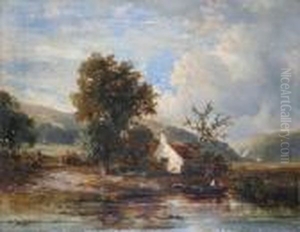 A Riverside Cottage In A Landscape, With Man In A Boat Before Oil Painting by Joseph Thors