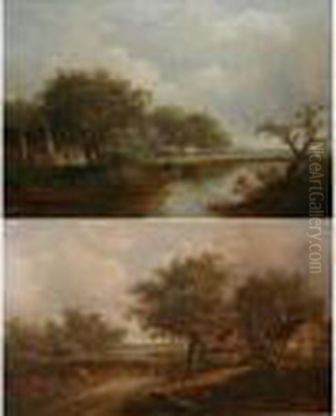 Figures On A Track Beside A Cottage And Figures On A Boat On A River Beside A Cottage Oil Painting by Joseph Thors