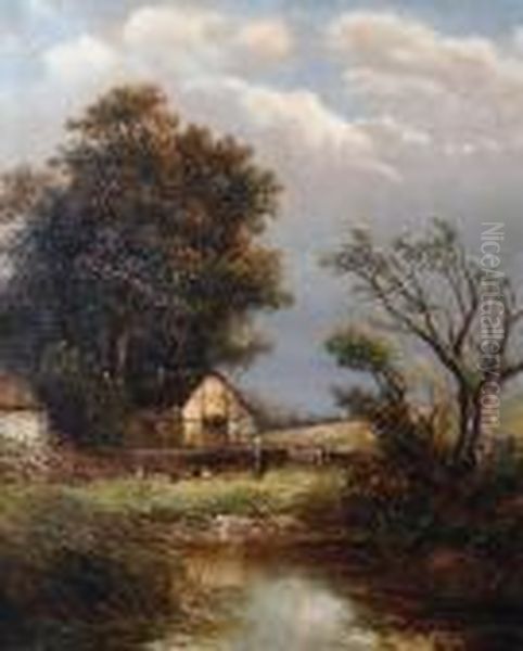 Feeding Chickens By The River Oil Painting by Joseph Thors