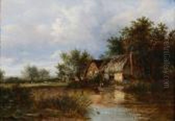 Angler Fishing From A Punt By A Riverside Cottage Oil Painting by Joseph Thors