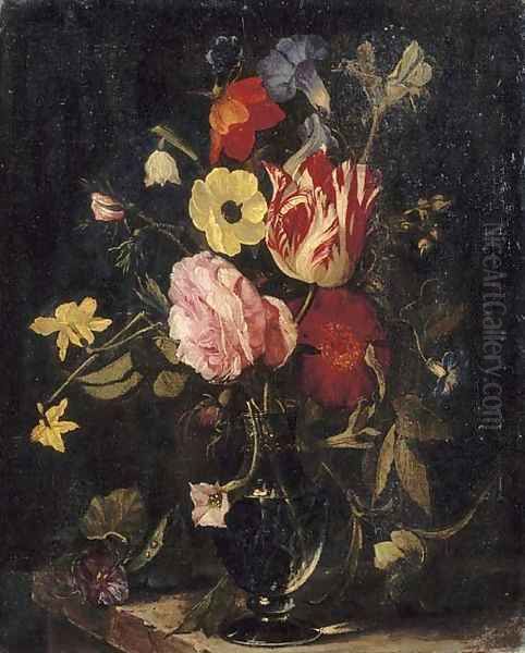 Roses, tulips, an iris, pansies and an anemone in a glass vase on a stone ledge Oil Painting by Daniel Seghers