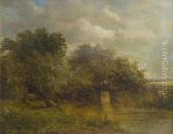 Figure On A Bridge In A River Landscape Oil Painting by Joseph Thors