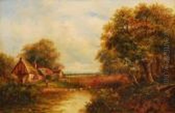 Cottages By A Lake With Figures And Geese Oil Painting by Joseph Thors