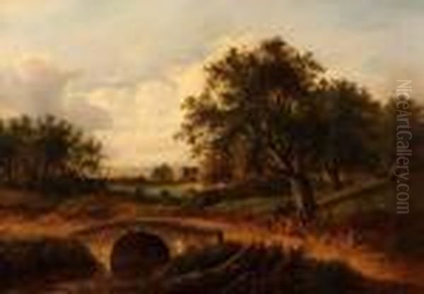 Landscape With Bridge Over River And Figures And Cottage In Distance Oil Painting by Joseph Thors