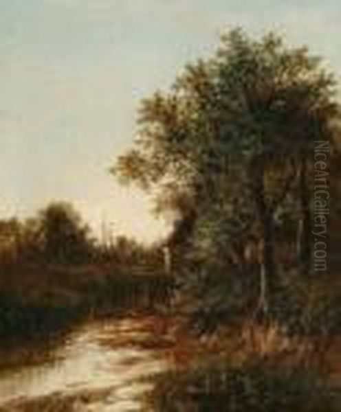 Village Pond, Church Tower In The Distance Oil Painting by Joseph Thors