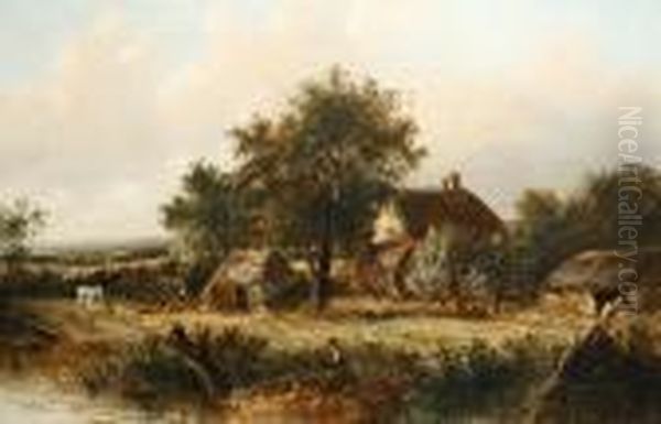 Thatched Cottage In A Country Landscape, Near Godalming, Surrey Oil Painting by Joseph Thors