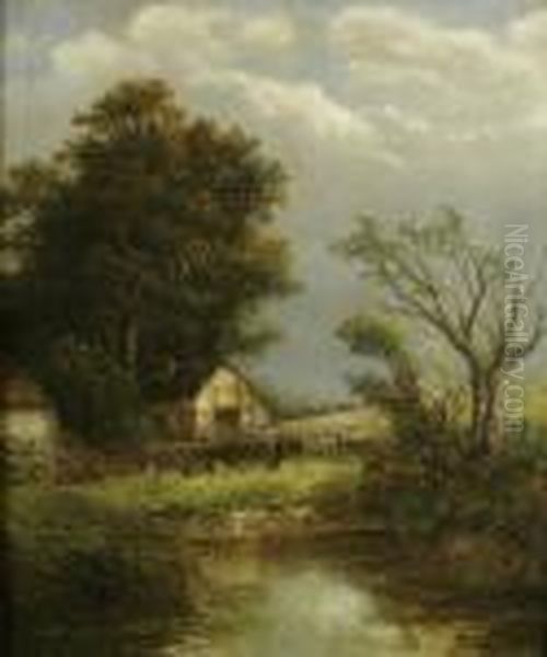 Rural Landscape With A Cottage And A Woman Feeding Chickens Oil Painting by Joseph Thors