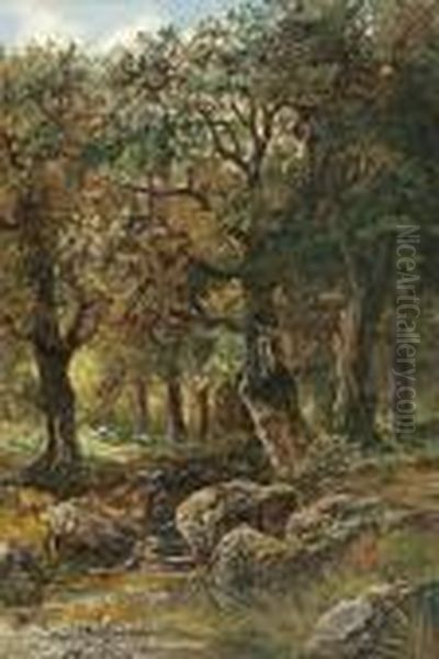 Oaks Beside A Creek Oil Painting by Joseph Thors