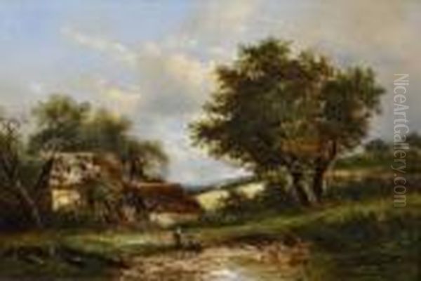 Children Fishing In A Pond Oil Painting by Joseph Thors