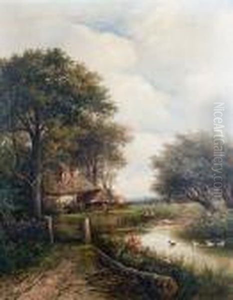 A Cottage Beside A River; A Woodland River Oil Painting by Joseph Thors