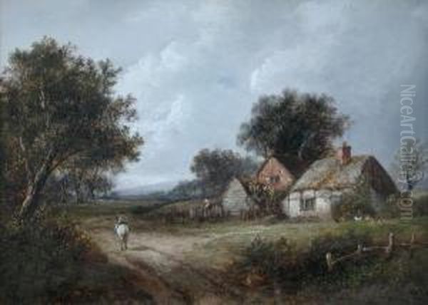 A Walker On A Track Passing A Cottage With Chickens Oil Painting by Joseph Thors