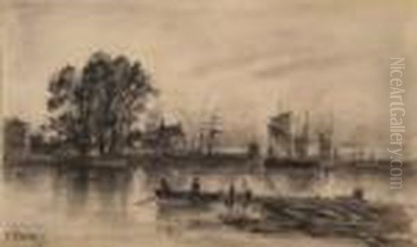 An Estuary Scene With Figures In A Rowing Boat Oil Painting by Joseph Thors