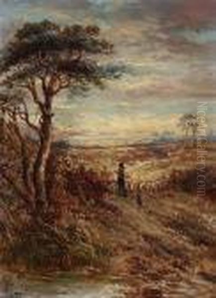 Moonlit Windmill By A River; Herder And Flockon A Country Track Oil Painting by Joseph Thors