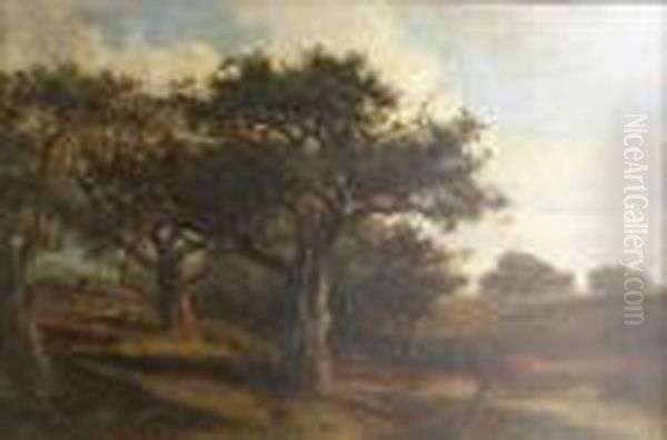 Figures Gathering Acorns In A Wooded River Landscape Oil Painting by Joseph Thors