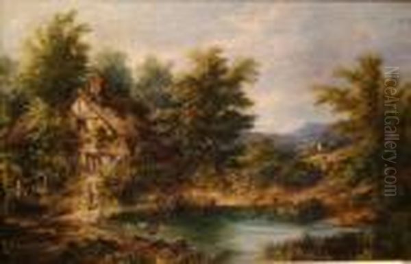 A Pastoral Landscape With A 
Woman And Children Feeding Ducks At Aduck Pond, And A Man Standing At A 
Stile Oil Painting by Joseph Thors