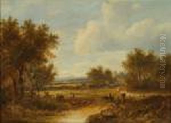 Summerlandscape With Field 
Workers And Sheep By A Meandering River, Oilon Canvas, Signed Lower 
Right, 26cms X 35.5cms. Seeillustration Oil Painting by Joseph Thors