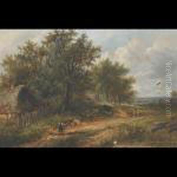 Wayfarer, Shepherd And Flock On A Country Lane Oil Painting by Joseph Thors