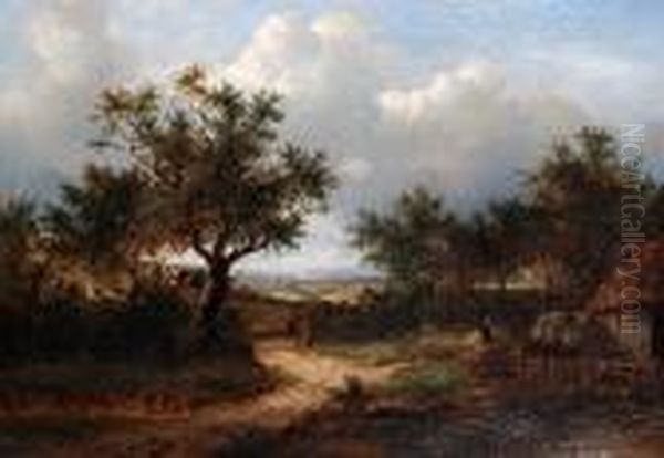 An Extensive Wooded Landscape With Figures On A Track By A Farmyard Oil Painting by Joseph Thors