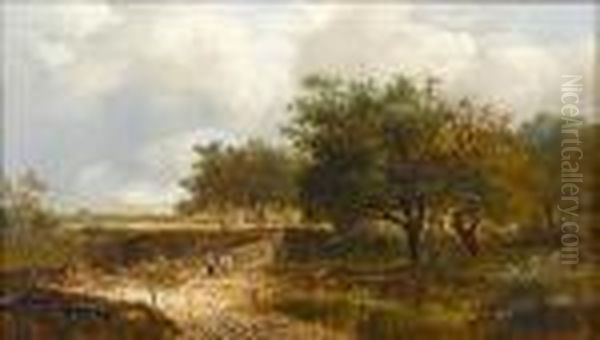 Shepherd And Flock On A Path; Figures On A Path By A Pond Oil Painting by Joseph Thors