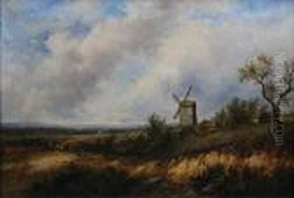 Figures Near A Windmill In An Extensive Landscape Oil Painting by Joseph Thors