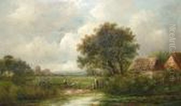 Figures By A Stream With Cottages And Woodland Oil Painting by Joseph Thors