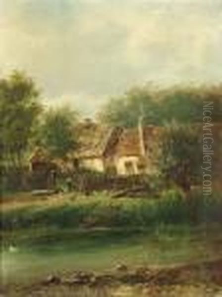 Farmstead In A Summery Landscape At A River Oil Painting by Joseph Thors