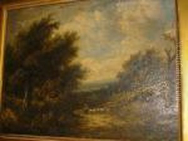 And Flock On A Track In A Wooded Landscape Oil Painting by Joseph Thors