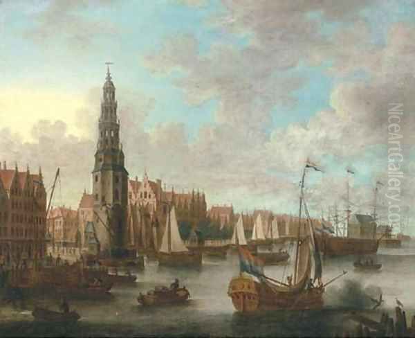 A view of the IJ, Amsterdam with the Haringpakkerstoren Oil Painting by Jacobus Storck