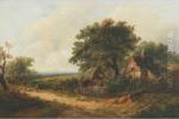 A Drover And Flock Outside A Thatched Cottage Oil Painting by Joseph Thors