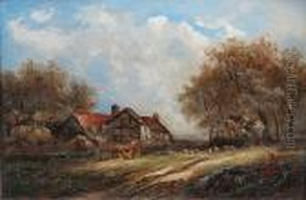 Drover And Sheep By A Farmstead Oil Painting by Joseph Thors