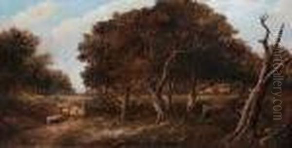 Figure And Sheep In A Wooded Landscape Oil Painting by Joseph Thors