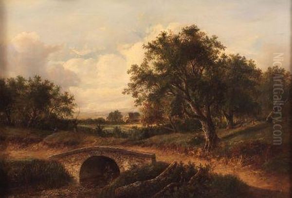 Landscape With Bridge Over River And Figuresand Cottage Oil Painting by Joseph Thors