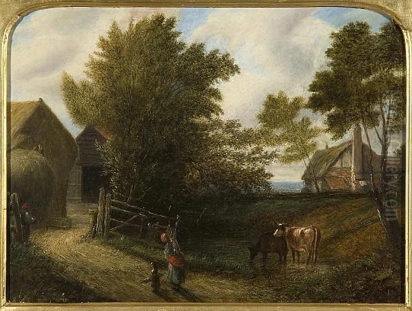 Rural Scene With Farmstead, Cattle And Figures Carrying Firewood Oil Painting by Joseph Thors