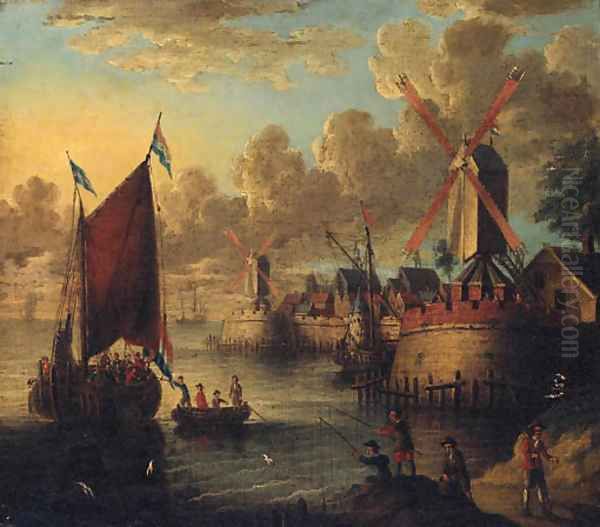 Figures boarding a smalschip in a port with fishermen on the shore Oil Painting by Jacobus Storck