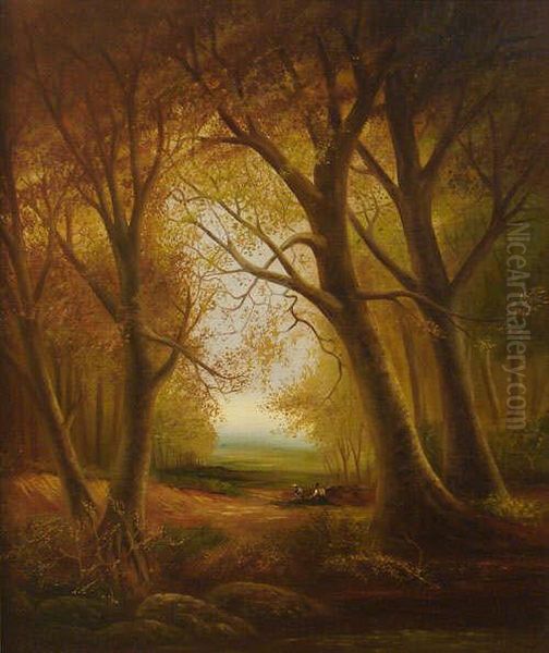 Wooded Landscape With Figures Oil Painting by Joseph Thors