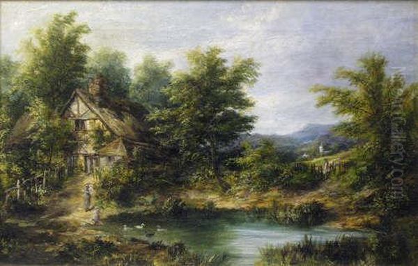 A Cottage And Figures Beside A Pond Oil Painting by Joseph Thors