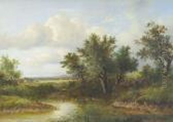 Children Fishing Beside A Pond 
With Ducks Nearby And An Extensive Landscape Beyond Signed, Also 
Inscribed With The Artist's Name On The Frame Oil Painting by Joseph Thors