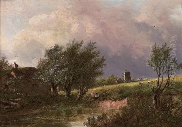 Figures And Cottage Beside A Pool, A Windmill Beyond Oil Painting by Joseph Thors