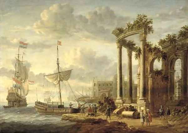 A Mediterranean harbour with a capriccio of classical ruins and a palace with a Dutch man-o'war and other shipping Oil Painting by Jacobus Storck